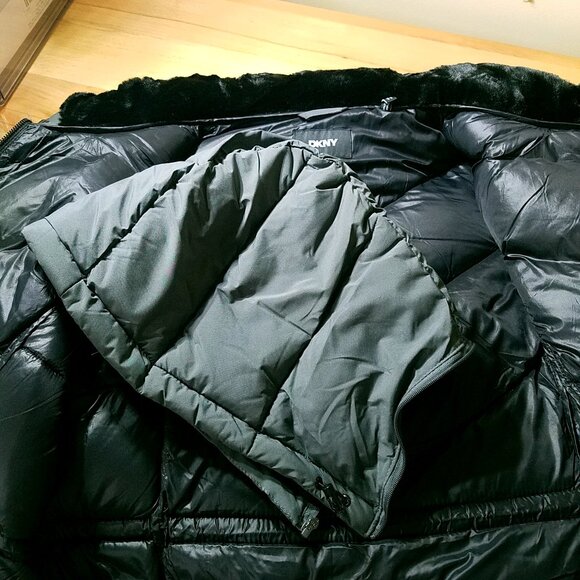 DKNY Long Quilted Puffer Jacket XL Gray New With Tags Removable Hood - Picture 12 of 16